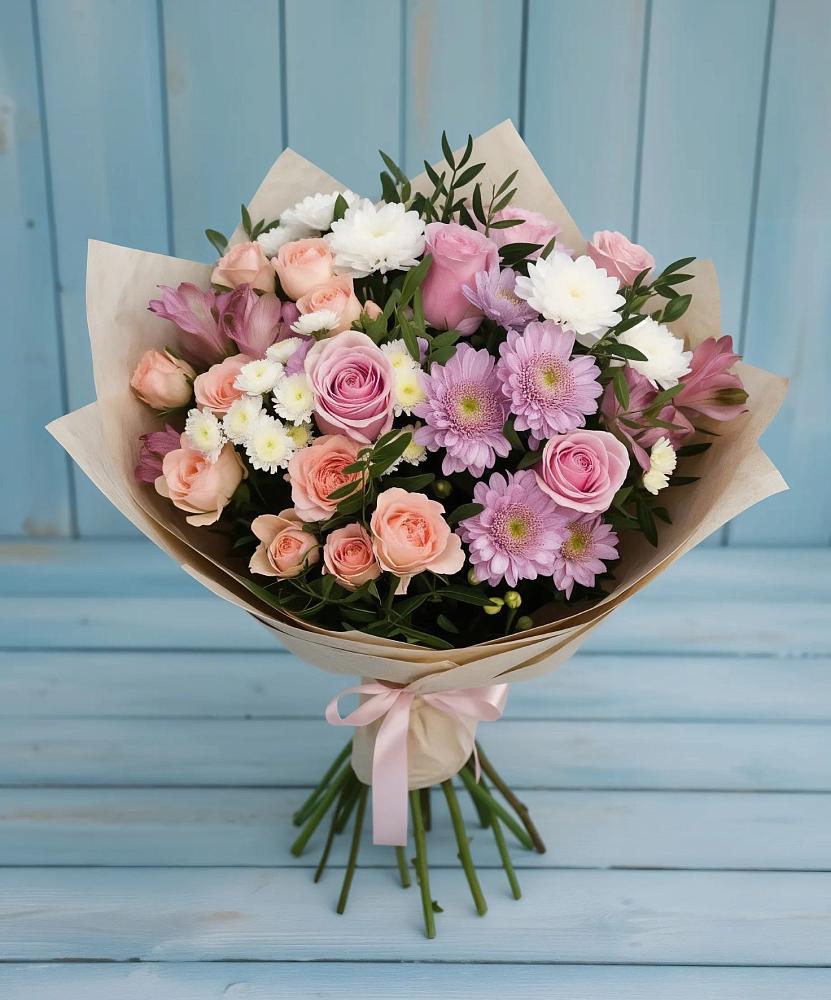 Букет цветов из: Хризантемы, Розы и Альстромерии в Троицкое
